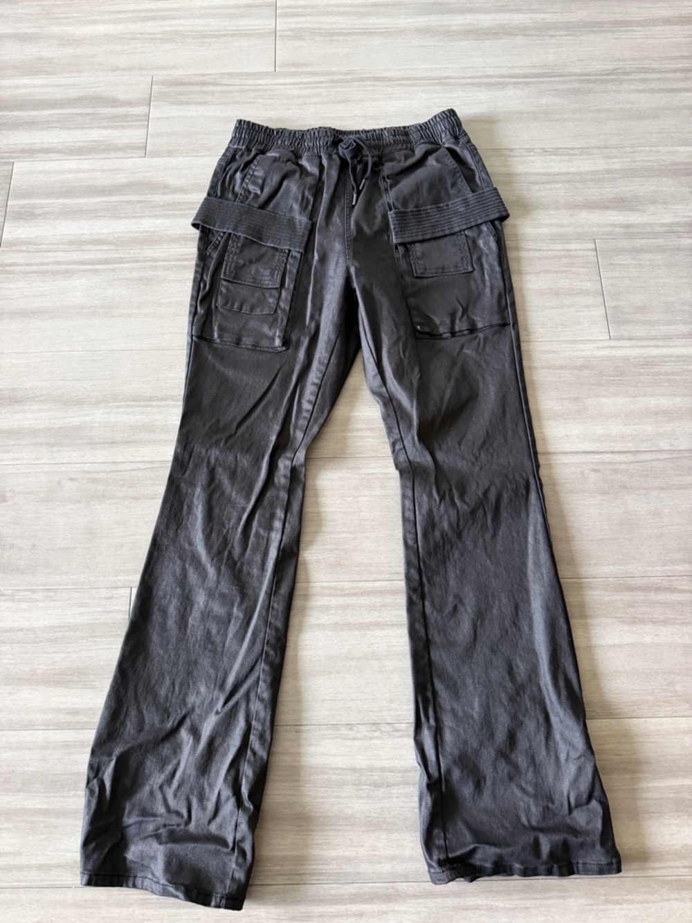 Men's Black Waxed Cargo Pants with Drawstring Waist (Large)